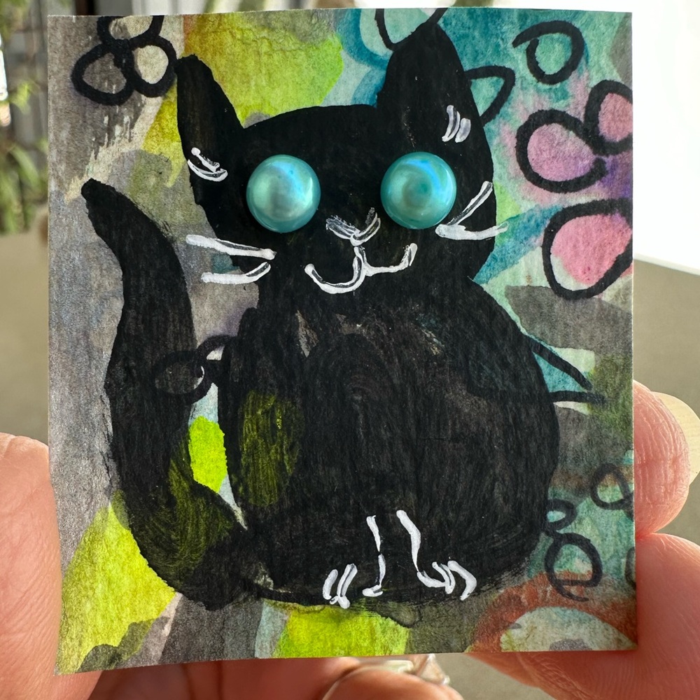 One of a Kind Handcrafted Black Cat Art Turquoise Blue Earring Eyes
